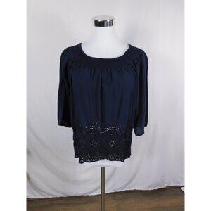 Lovestitch Shirt Womens Medium Navy Blue Peasant Crochet Eyelet Scalloped Hem